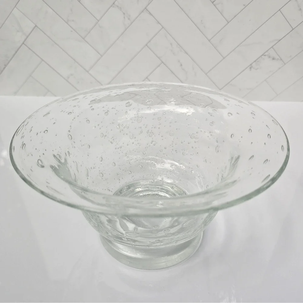 Hand Blown Clear Controlled Bubble Glass Pedestal Bowl Flared Centerpiece MCM